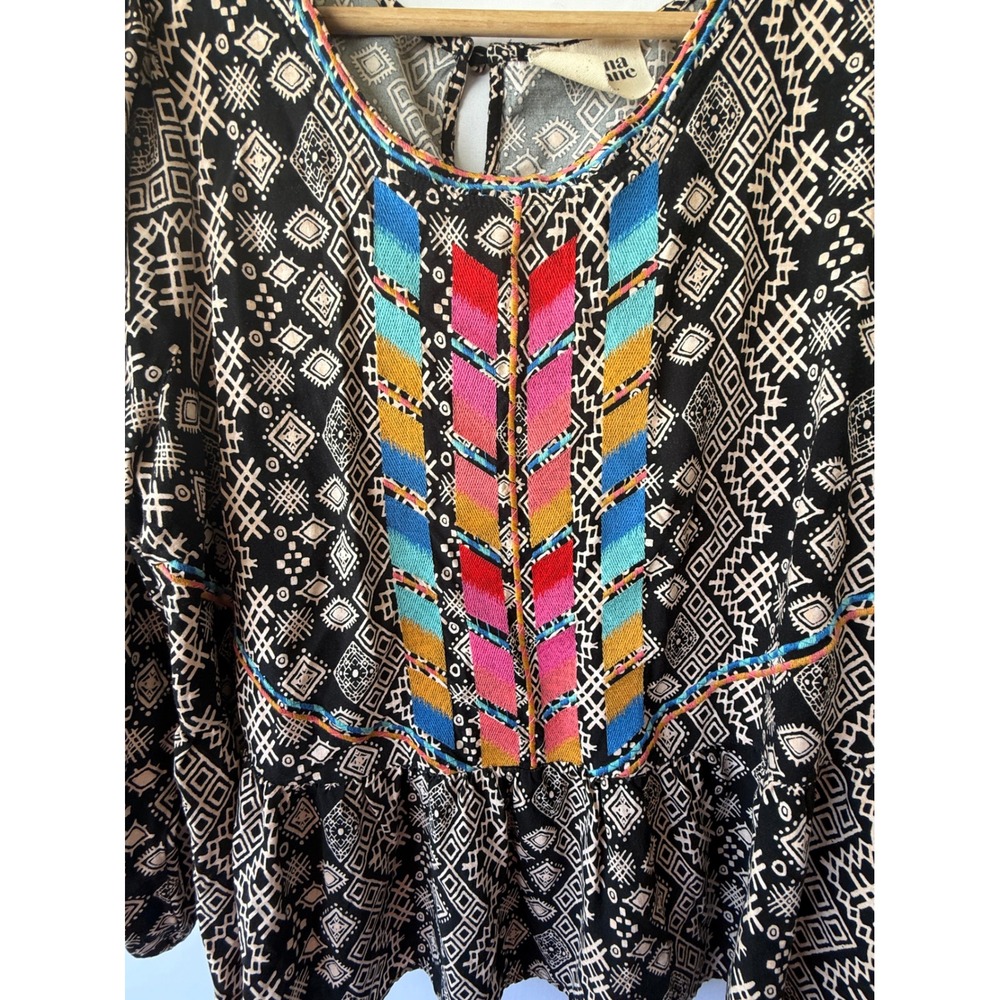 Savanna Jane Black Tribal Print Embroidered Peplum Blouse Top 1X PT10073 - Picture 5 of 8